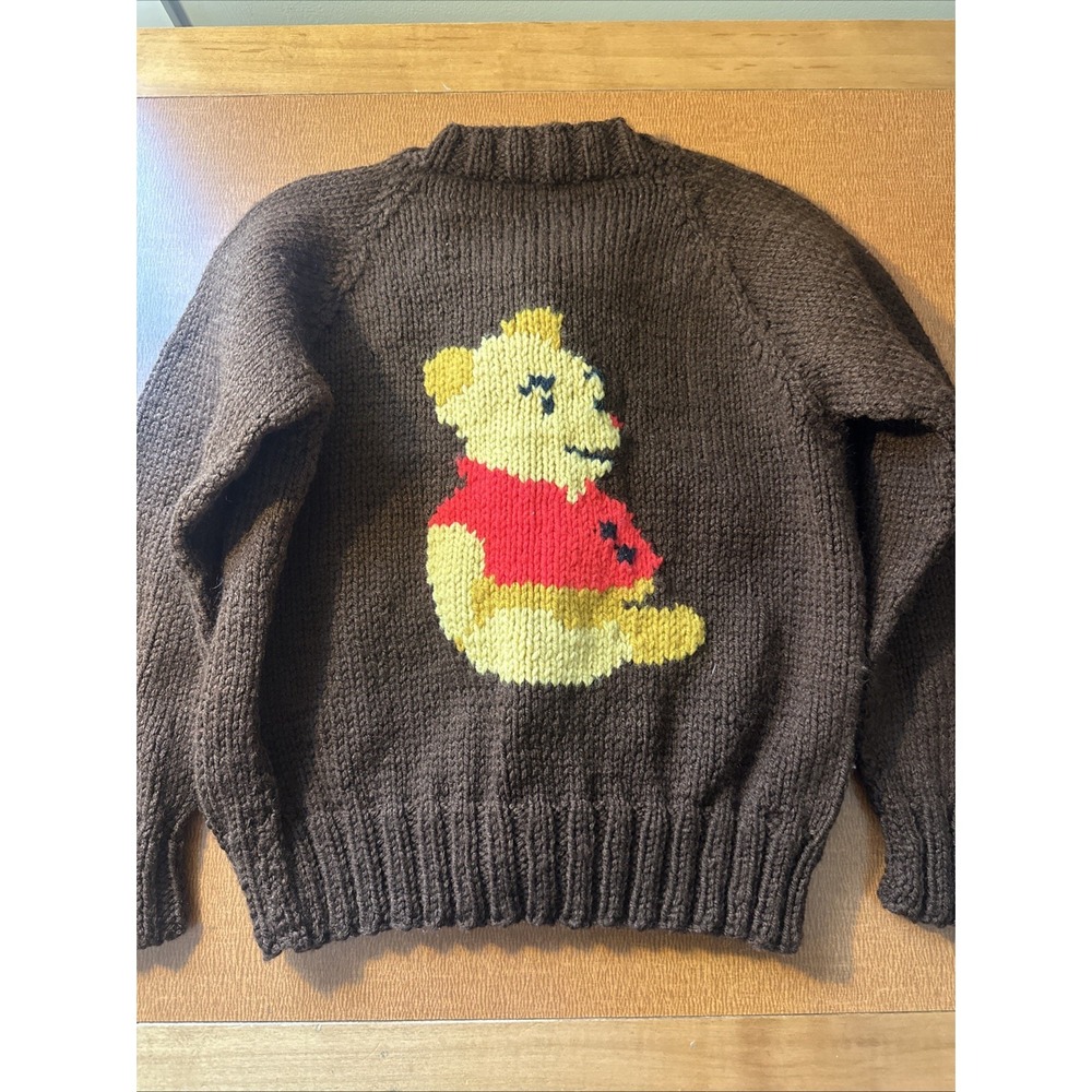 Vtg Hand Knit Winnie The Pooh Brown Cardigan‎ Sweater Child's Small